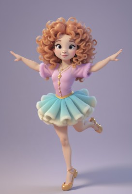 1girl,solo,long hair,breasts,looking at viewer,smile,skirt,simple background,brown hair,jewelry,standing,full body,short sleeves,small breasts,dark skin,necklace,orange hair,black eyes,dark-skinned female,lips,blue skirt,shadow,leg up,standing on one leg,outstretched arms,child,purple background,curly hair,pink shirt,dancing,aqua skirt,ballerina,ballet slippers,ballet,tutu,dress,pantyhose,shoes