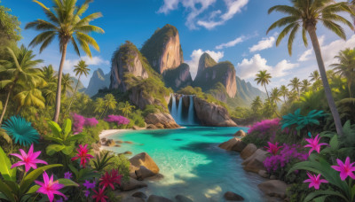 flower, outdoors, sky, day, cloud, water, tree, blue sky, no humans, plant, nature, scenery, rock, mountain, palm tree, waterfall