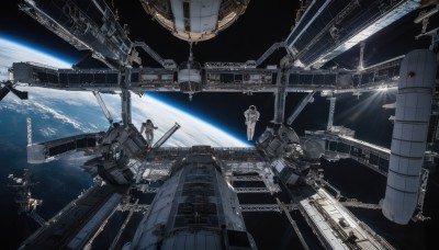 no humans,star (sky),scenery,machinery,science fiction,realistic,space,planet,earth (planet),spacecraft,spacesuit,1boy,multiple boys,sunlight,helmet,floating,turret,cannon,astronaut