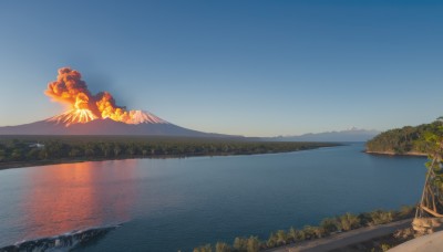 outdoors,sky,day,cloud,water,tree,blue sky,no humans,ocean,fire,nature,scenery,forest,reflection,mountain,explosion,river,landscape,lake,plant,ground vehicle,smoke,mount fuji