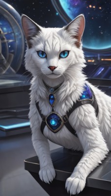 solo,looking at viewer,blue eyes,jewelry,no humans,animal,cat,slit pupils,brooch,gem,star (sky),pendant,colored sclera,space,animal focus,white fur,planet,whiskers,blue gemstone,white cat,blue sclera,closed mouth,sky,artist name,signature,necklace,starry sky,galaxy