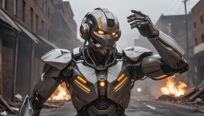 solo,1boy,upper body,male focus,outdoors,blurry,orange eyes,no humans,blurry background,glowing,fire,robot,building,mecha,glowing eyes,science fiction,city,explosion,power armor,embers,humanoid robot,sparks,armor,ground vehicle,motor vehicle,car,road,joints,power lines,street,robot joints