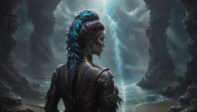 1girl,solo,long hair,black hair,jewelry,blue hair,closed eyes,upper body,multicolored hair,earrings,outdoors,sky,cloud,dark skin,water,from behind,two-tone hair,dark-skinned female,profile,night,ocean,back,cloudy sky,feathers,light rays,waves,cave,hair ornament,dress,choker,sunlight,feather hair ornament