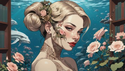 1girl,solo,looking at viewer,short hair,blue eyes,blonde hair,hair ornament,bare shoulders,jewelry,flower,earrings,parted lips,choker,hair flower,water,hair bun,lips,grey eyes,book,tattoo,makeup,rose,piercing,single hair bun,plant,lipstick,ear piercing,portrait,pink flower,eyeshadow,fish,bubble,underwater,nose,bookshelf,red lips,stud earrings,pink rose,library,mascara,blush,indoors,from side,eyelashes,leaf,freckles,air bubble,facial tattoo,neck tattoo,thick lips