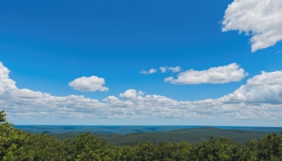 outdoors,sky,day,cloud,water,tree,blue sky,no humans,ocean,cloudy sky,nature,scenery,forest,mountain,horizon,summer,landscape,mountainous horizon,hill,grass,field