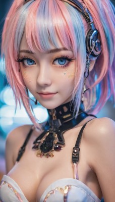 1girl,solo,breasts,looking at viewer,smile,short hair,bangs,blue eyes,cleavage,bare shoulders,jewelry,medium breasts,closed mouth,underwear,blue hair,upper body,pink hair,multicolored hair,choker,bra,blurry,two-tone hair,lips,streaked hair,eyelashes,makeup,detached collar,depth of field,blurry background,headphones,eyeshadow,headset,realistic,nose,mascara,twintails,ponytail,sidelocks,artist name,necklace,facial mark,light smile,white bra,pink lips,eyeliner