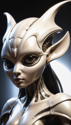 1girl,solo,long hair,breasts,looking at viewer,black hair,brown eyes,upper body,horns,shiny,armor,lips,mask,colored skin,helmet,portrait,science fiction,realistic,android,cyborg,alien,cleavage,medium breasts,closed mouth,pointy ears,shiny skin,eyelashes,bodysuit,shiny clothes