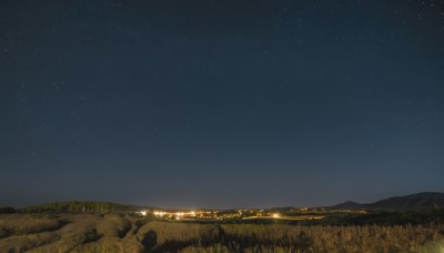 outdoors,sky,tree,no humans,night,grass,star (sky),nature,night sky,scenery,starry sky,horizon,field,river,landscape,city lights,hill,rock