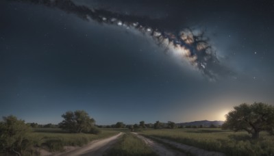 outdoors,sky,cloud,tree,no humans,night,grass,star (sky),nature,night sky,scenery,forest,smoke,starry sky,sunset,mountain,road,landscape,ground vehicle,motor vehicle