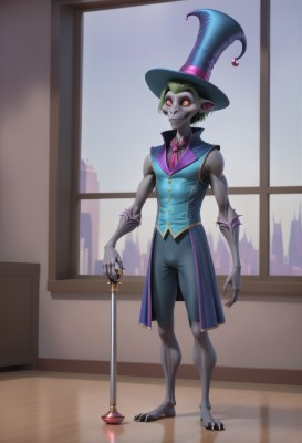 solo,looking at viewer,smile,short hair,shirt,1boy,hat,bow,standing,full body,male focus,green hair,necktie,shorts,barefoot,sleeveless,pointy ears,pants,artist name,indoors,bowtie,vest,orange eyes,window,witch hat,glowing,colored skin,claws,blue headwear,top hat,wooden floor,grey skin,pink bowtie,cane,pink necktie,red eyes,gloves,yellow eyes,sky,night,staff,glowing eyes,skull,vampire