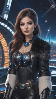 1girl,solo,long hair,breasts,looking at viewer,brown hair,gloves,cleavage,brown eyes,jewelry,medium breasts,cowboy shot,earrings,sky,belt,pants,lips,coat,fur trim,makeup,night,black pants,lipstick,gauntlets,eyeshadow,realistic,nose,red lips,eyeliner,standing,artist name,backlighting,science fiction