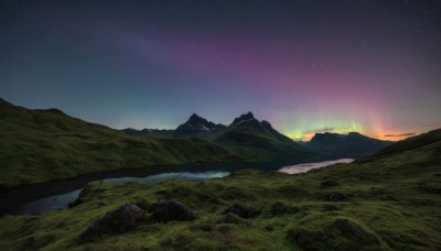 outdoors,sky,cloud,water,no humans,night,grass,star (sky),nature,night sky,scenery,starry sky,reflection,sunset,rock,mountain,river,landscape,mountainous horizon,horizon,gradient sky,sunrise