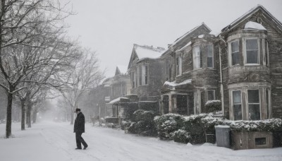 solo,short hair,black hair,long sleeves,1boy,hat,standing,jacket,male focus,outdoors,sky,pants,tree,coat,black jacket,window,building,scenery,snow,walking,black coat,snowing,house,wide shot,winter,bare tree,grey sky,footprints,boots,day,from behind,black footwear,black headwear,black pants,ground vehicle,motor vehicle,door,winter clothes,car,road,chimney