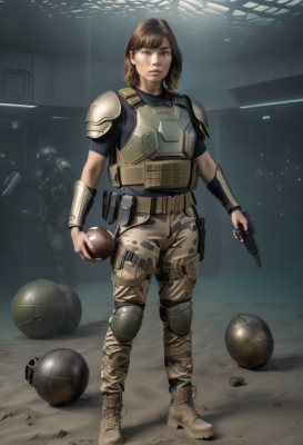 1girl,looking at viewer,short hair,brown hair,1boy,holding,brown eyes,standing,weapon,boots,multiple boys,solo focus,holding weapon,armor,uniform,lips,gun,military,military uniform,helmet,holding gun,handgun,ball,science fiction,realistic,holster,knee pads,shoulder pads,camouflage,explosive,elbow pads,soldier,flashlight,bulletproof vest,body armor,solo,full body,belt,pants,indoors,vest,watermark,web address,pouch,dirty