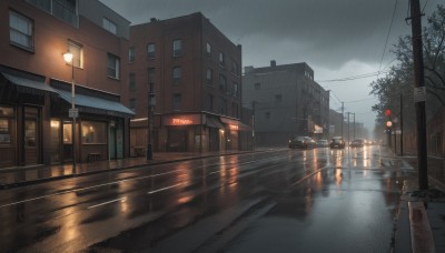 outdoors,sky,cloud,water,tree,no humans,window,night,cloudy sky,ground vehicle,building,scenery,motor vehicle,reflection,rain,city,sign,car,road,cityscape,house,power lines,lamppost,street,utility pole,road sign,puddle,grey sky,traffic light,crosswalk,sidewalk,water drop