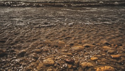 monochrome,outdoors,water,blurry,no humans,ocean,traditional media,nature,scenery,sepia,river,landscape,shore,brown theme,rock,realistic,sand,photo background