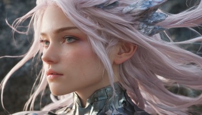 1girl,solo,long hair,hair ornament,green eyes,braid,white hair,parted lips,artist name,armor,blurry,lips,floating hair,depth of field,blurry background,looking away,looking up,portrait,close-up,freckles,realistic,nose,looking afar,horns,eyelashes,wind,scales,looking ahead