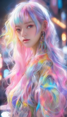 1girl,solo,long hair,looking at viewer,bangs,jewelry,closed mouth,blue hair,upper body,pink hair,multicolored hair,earrings,blurry,black eyes,from side,two-tone hair,lips,grey eyes,eyelashes,gradient hair,makeup,depth of field,blurry background,wavy hair,piercing,ear piercing,nose,bokeh,rainbow hair,blunt bangs,looking to the side,pink lips,colorful