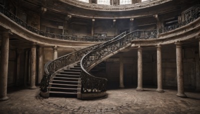 indoors,no humans,window,sunlight,scenery,stairs,railing,architecture,pillar,statue,arch,column,outdoors,day,building,door,bridge,gate,stone floor,stone stairs