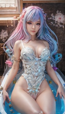 1girl,solo,long hair,breasts,looking at viewer,smile,bangs,blue eyes,hair ornament,cleavage,bare shoulders,medium breasts,sitting,closed mouth,blue hair,collarbone,pink hair,flower,thighs,multicolored hair,indoors,hair flower,water,nail polish,two-tone hair,leotard,lips,highleg,breasts apart,armlet,highleg leotard,partially submerged,realistic,white leotard,bathtub,large breasts,artist name,petals,watermark