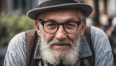 solo,looking at viewer,shirt,1boy,hat,closed mouth,white shirt,upper body,white hair,grey hair,male focus,outdoors,glasses,collared shirt,blurry,black eyes,vest,depth of field,blurry background,facial hair,suspenders,portrait,beard,black-framed eyewear,realistic,round eyewear,mustache,old,old man,grey headwear,long sleeves,day,signature,lips,black headwear,parody,backpack,blue shirt,nose