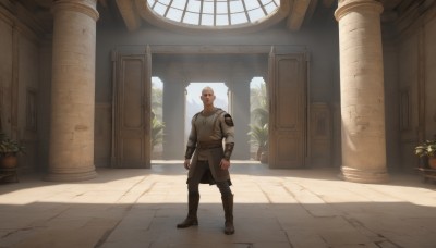 solo,looking at viewer,long sleeves,1boy,standing,full body,male focus,boots,day,belt,pants,indoors,armor,window,facial hair,brown footwear,sunlight,knee boots,plant,shoulder armor,scenery,beard,pauldrons,breastplate,door,arms at sides,potted plant,bald,brown pants,pillar,arch,gloves,closed mouth,white hair,tattoo,black pants,brown gloves,fantasy,vambraces,ruins,wide shot,column