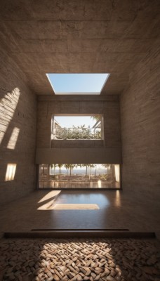 outdoors,sky,day,indoors,water,tree,blue sky,no humans,window,shadow,sunlight,plant,building,scenery,reflection,door,wooden floor,wall