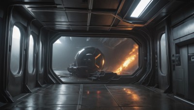 indoors,no humans,window,fire,ground vehicle,scenery,reflection,science fiction,vehicle focus,seat,helmet,robot,1other,rain,cable,cockpit