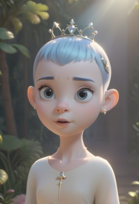 1girl,solo,looking at viewer,short hair,shirt,dress,jewelry,blue hair,white shirt,upper body,earrings,outdoors,parted lips,teeth,necklace,blurry,black eyes,lips,eyelashes,blurry background,sunlight,tiara,crown,child,nature,forest,freckles,light rays,female child,open mouth,blue eyes,hair ornament,flower,artist name,leaf,watermark,very short hair