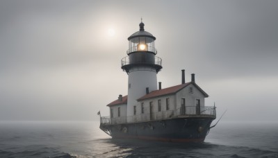 outdoors,sky,cloud,water,no humans,glowing,ocean,cloudy sky,scenery,sun,horizon,watercraft,ship,waves,tower,boat,grey sky,simple background,window,lantern,light,dock