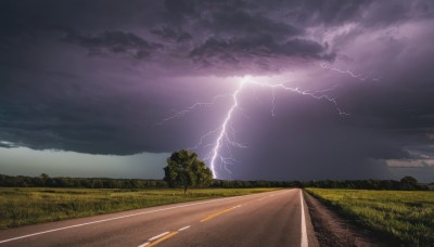 outdoors,sky,cloud,tree,no humans,cloudy sky,grass,nature,scenery,mountain,electricity,road,field,lightning,landscape,path,hill,forest,horizon