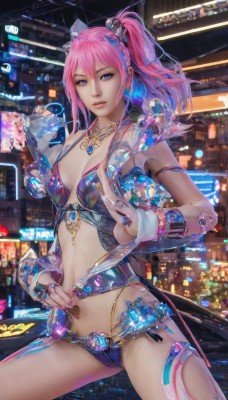 1girl,solo,long hair,breasts,looking at viewer,blue eyes,hair ornament,navel,twintails,jewelry,medium breasts,blue hair,swimsuit,pink hair,bikini,multicolored hair,parted lips,necklace,nail polish,lips,ring,knife,science fiction,city,bikini armor,cleavage,hair between eyes,standing,braid,cowboy shot,small breasts,side ponytail,bracelet,watermark,piercing,gem,armlet,realistic,glass,coin,thumb ring,cyberpunk,holographic interface