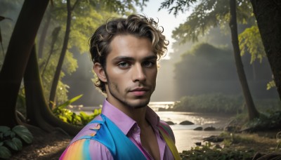 HQ,solo,looking at viewer,short hair,blue eyes,brown hair,shirt,black hair,1boy,closed mouth,upper body,male focus,outdoors,day,collared shirt,signature,black eyes,vest,tree,lips,facial hair,leaf,sunlight,portrait,nature,beard,forest,curly hair,pink shirt,rock,realistic,nose,artist name,mole,torn clothes,mole under eye,blue shirt,purple shirt,purple vest