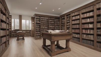 indoors,tree,book,no humans,window,chair,table,scenery,wooden floor,bookshelf,lamp,book stack,library,ceiling,ceiling light,wooden chair,day,reflective floor