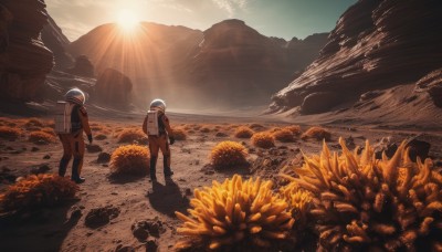 gloves,standing,flower,male focus,outdoors,multiple boys,sky,day,pants,cloud,2boys,bag,from behind,sunlight,backpack,helmet,scenery,walking,sunset,rock,mountain,sun,sunflower,field,ambiguous gender,spacesuit,multiple girls,2girls,1other,horizon,wide shot,desert,space helmet,astronaut