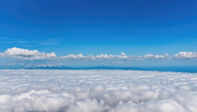 outdoors,sky,day,cloud,blue sky,no humans,ocean,cloudy sky,scenery,blue theme,horizon,landscape,above clouds,monochrome,water,island