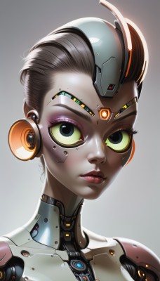 1girl,solo,looking at viewer,short hair,simple background,brown hair,black hair,closed mouth,upper body,artist name,grey background,black eyes,lips,gradient,gradient background,eyelashes,makeup,headgear,lipstick,portrait,eyeshadow,colored sclera,science fiction,nose,android,eyeliner,joints,cyborg,robot joints,cyberpunk,blue eyes,green eyes,shiny,bodysuit,close-up,mascara