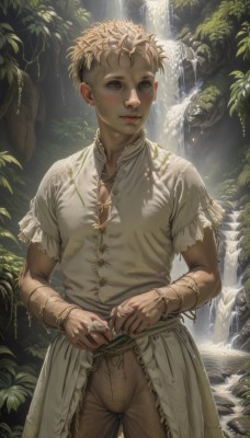 1girl,solo,looking at viewer,blush,smile,short hair,blonde hair,shirt,1boy,dress,brown eyes,jewelry,standing,white shirt,short sleeves,male focus,cowboy shot,outdoors,parted lips,pants,dark skin,water,lips,wet,leaf,looking away,plant,wet clothes,nature,freckles,realistic,nose,wet hair,brown pants,waterfall,blue eyes,brown hair,closed mouth,day,artist name,sunlight