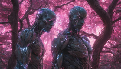 breasts, multiple girls, 2girls, upper body, pink eyes, tree, glowing, cherry blossoms, glowing eyes, science fiction, realistic, alien