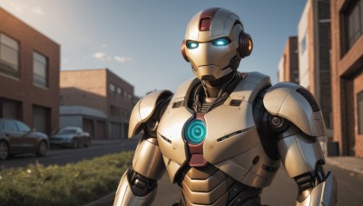 solo,blue eyes,1boy,upper body,outdoors,sky,day,blurry,no humans,window,blurry background,glowing,robot,ground vehicle,building,mecha,glowing eyes,motor vehicle,science fiction,city,car,looking ahead,humanoid robot,radio antenna,male focus,looking to the side,road,bush,autobot