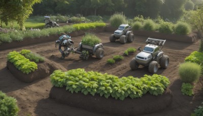 weapon,outdoors,day,tree,gun,no humans,shadow,grass,plant,robot,ground vehicle,nature,scenery,mecha,motor vehicle,forest,science fiction,sign,realistic,car,road,bush,motorcycle,truck,artist name,signature