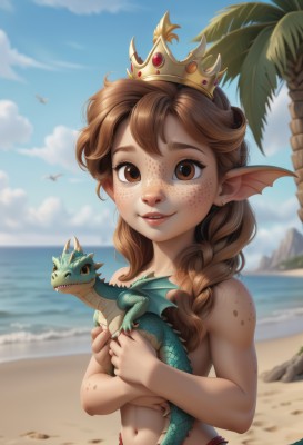 1girl,solo,long hair,breasts,looking at viewer,smile,brown hair,navel,holding,brown eyes,jewelry,swimsuit,braid,bikini,small breasts,outdoors,parted lips,sky,teeth,day,pointy ears,artist name,cloud,water,blurry,twin braids,tree,blue sky,lips,blurry background,bird,ocean,animal,beach,topless,crown,hair over shoulder,freckles,sand,palm tree,dragon,scales,head fins,holding animal,bikini bottom only,upper body,earrings,single braid,cloudy sky,monster girl