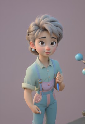 1girl,solo,looking at viewer,smile,short hair,simple background,shirt,brown eyes,jewelry,closed mouth,standing,short sleeves,grey hair,earrings,collared shirt,artist name,nail polish,lips,thick eyebrows,suspenders,blue shirt,child,blue nails,purple background,female child,overalls,blush,brown hair,pants,nose