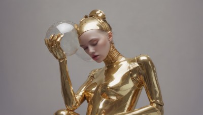 1girl,solo,breasts,short hair,blonde hair,simple background,holding,closed eyes,upper body,small breasts,parted lips,shiny,hand up,grey background,hair bun,lips,bodysuit,single hair bun,skin tight,science fiction,shiny clothes,realistic,latex,latex bodysuit,yellow bodysuit,robot,android,joints,cyborg,gold,robot joints