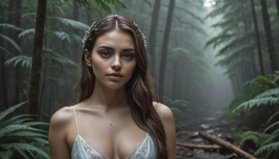 1girl,solo,long hair,breasts,looking at viewer,brown hair,hair ornament,dress,cleavage,bare shoulders,brown eyes,medium breasts,underwear,collarbone,upper body,outdoors,parted lips,bra,white dress,mole,blurry,tree,lips,blurry background,plant,nature,forest,freckles,mole on breast,realistic,nose,artist name,sunlight,thick eyebrows,breasts apart,mole on cheek