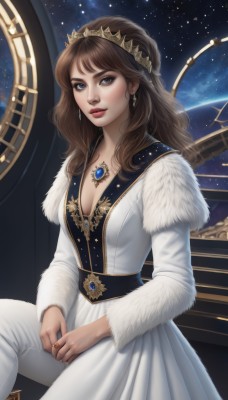 1girl,solo,long hair,breasts,looking at viewer,blue eyes,brown hair,long sleeves,dress,cleavage,jewelry,medium breasts,earrings,sky,pants,signature,necklace,white dress,lips,fur trim,makeup,watermark,ring,tiara,crown,lipstick,gem,star (sky),starry sky,white pants,red lips,space,planet,bangs,brown eyes,sitting,closed mouth,artist name,coat,wavy hair,pendant,realistic,nose,white coat