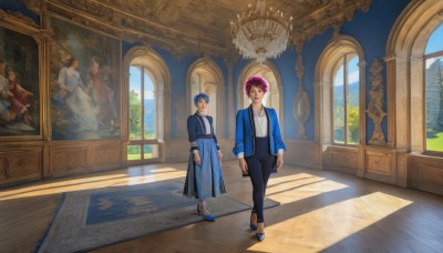 1girl,looking at viewer,smile,short hair,bangs,multiple girls,brown hair,shirt,long sleeves,1boy,dress,2girls,jewelry,blue hair,standing,jacket,white shirt,pink hair,earrings,open clothes,shoes,day,pants,indoors,high heels,open jacket,tree,window,black pants,blue jacket,scenery,walking,blue coat,painting (object),reflective floor,chandelier,blue eyes,multiple boys,sky,alternate costume,2boys,scar,reflection,robe,wide shot,carpet,portrait (object)