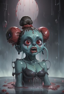 1girl,solo,breasts,looking at viewer,open mouth,red eyes,dress,cleavage,bare shoulders,medium breasts,collarbone,upper body,small breasts,teeth,pointy ears,shiny,artist name,water,hair bun,black dress,wet,double bun,blood,colored skin,fangs,sharp teeth,monster girl,partially submerged,wide-eyed,spaghetti strap,green skin,grey skin,dripping,ripples,slime (substance),horror (theme),melting,brown hair,black hair,hair ornament,lips,makeup,single hair bun,blue skin,eyeball,extra eyes,slime girl