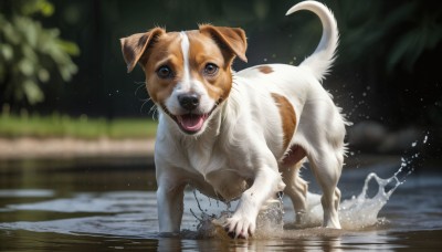 HQ,solo,open mouth,blue eyes,brown eyes,outdoors,tongue,tongue out,water,blurry,no humans,depth of field,blurry background,animal,fangs,dog,realistic,animal focus,splashing,puddle,looking at viewer,standing,full body,tree,wading