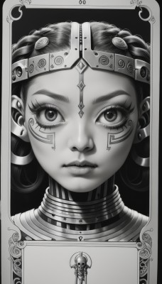 1girl,solo,long hair,looking at viewer,jewelry,closed mouth,monochrome,braid,greyscale,earrings,dark skin,dark-skinned female,lips,eyelashes,facial mark,border,portrait,facepaint,neck ring,facial tattoo,straight-on,framed,dreadlocks,short hair,hair ornament,curly hair,realistic,headdress,egyptian